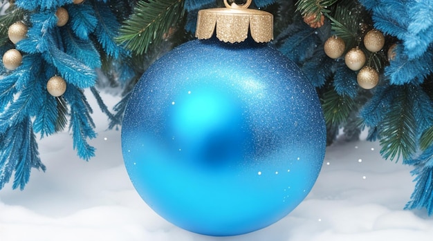 Blue ball in front of a christmas tree