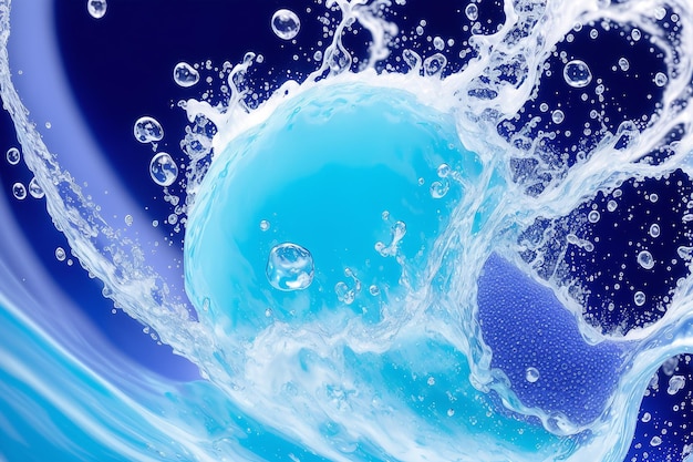 A blue ball is in the air with the water splashing around it.