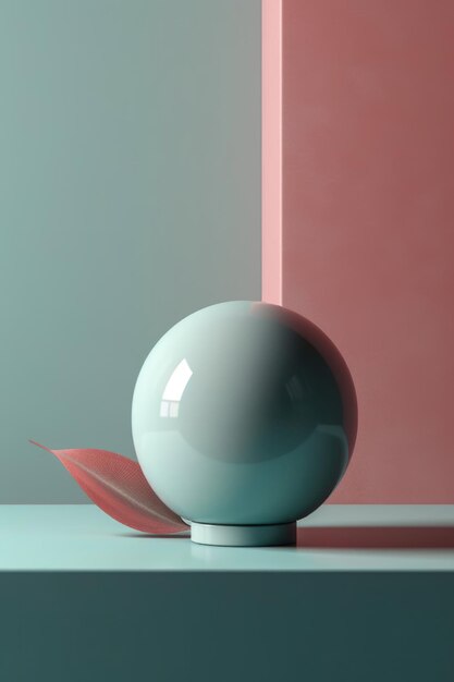 A blue ball sits on a blue table next to a pink and green wall.