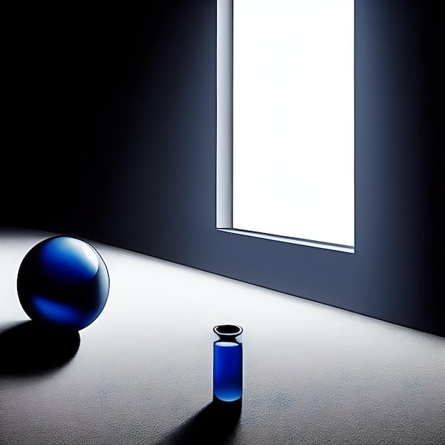 A blue ball sits on a dark floor next to a blue ball.