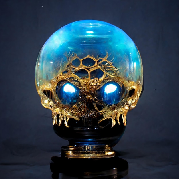 A blue ball with skulls on it with blue lights.