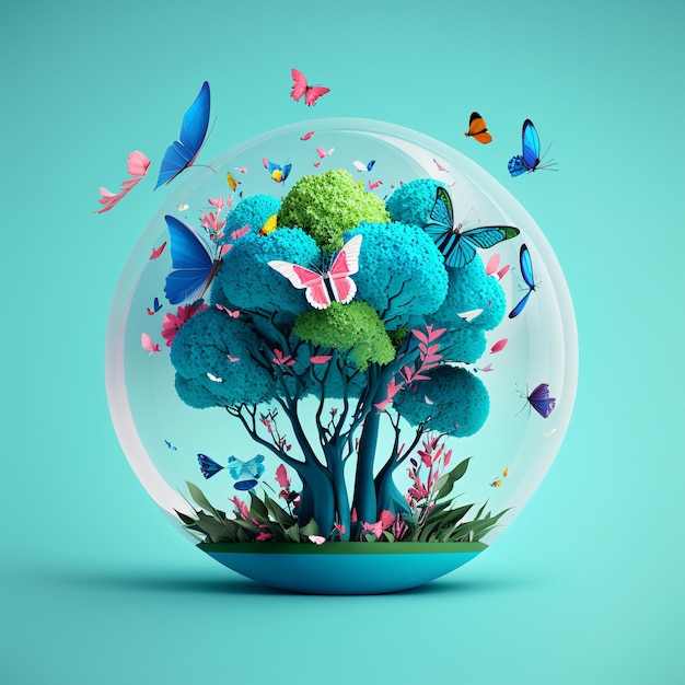 A blue ball with a tree and butterflies on it