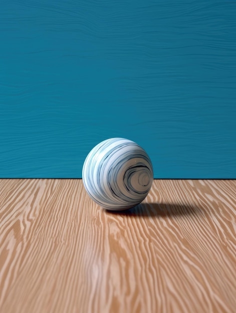 A blue ball on a wooden floor