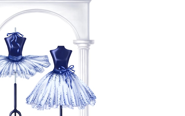 Blue ballet dance tutus stage costumes A skirt worn on a mannequin A theatrical backstage