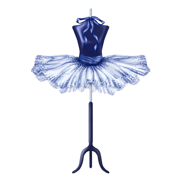 Blue ballet tutu decorated with pebbles and bows A skirt worn on a mannequin A theatrical backstage an atelier a clothing store outfit for a fashion show and a masquerade Digital illustration