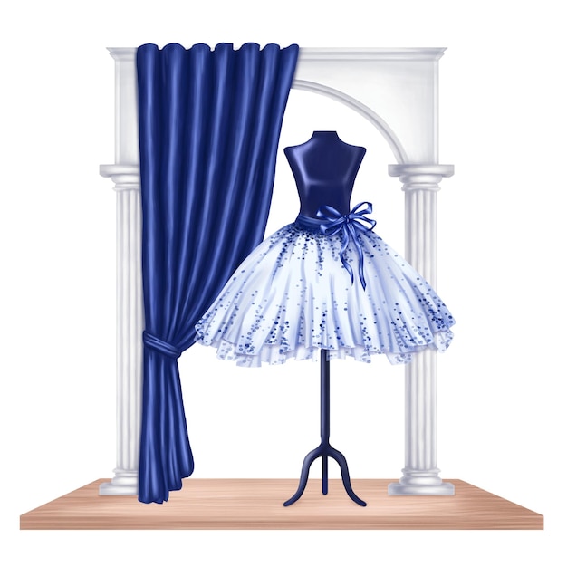 Blue ballet tutu decorated with pebbles and bows A skirt worn on a mannequin A theatrical backstage an atelier outfit for a fashion show and a masquerade Digital isolated illustration