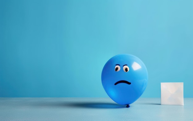 Blue balloon on a blue background with a sad face drawn Blue monday conceptGenerative AI