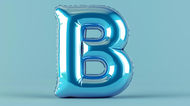 A blue balloon in the shape of the letter B The balloon is on a blue background and has a shiny reflective surface