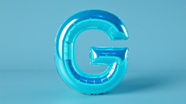 A blue balloon in the shape of the letter G The balloon is floating in the air against a blue background
