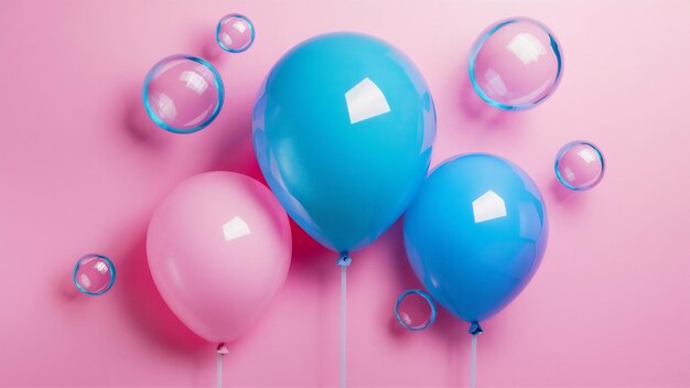 Photo blue balloons blue bubbles on pink background modern punchy pastel colors