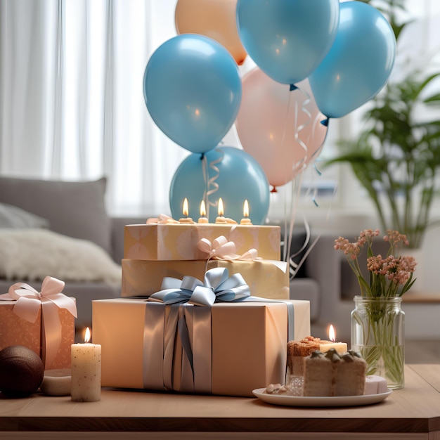 Blue balloons and candles on a table