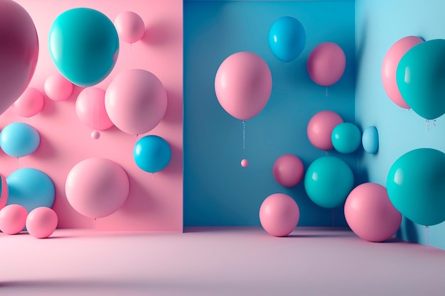 Голубые воздушные шары, плавающие в розовом пастельном фоне, студия, голубая пастельная фоновая комната, студия, минимальная идея, творческая концепция