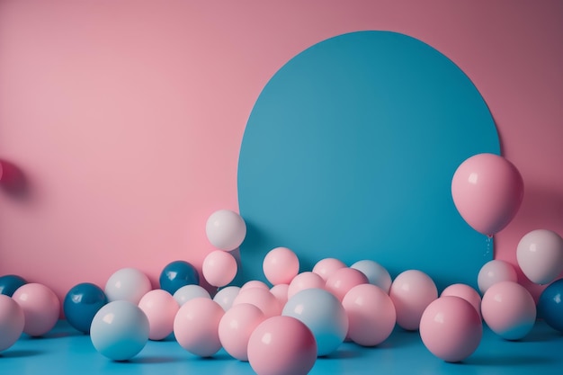 Голубые воздушные шары, плавающие в студии на розовом пастельном фоне Иллюстрация AI Генеративный
