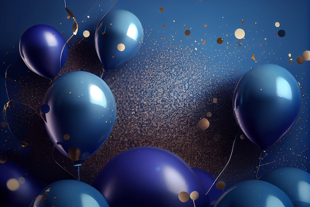 Фото Синие воздушные шары с конфетти на синем фоне.