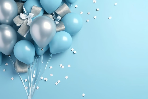 Blue balloons with silver ribbons and a silver bow on a blue background