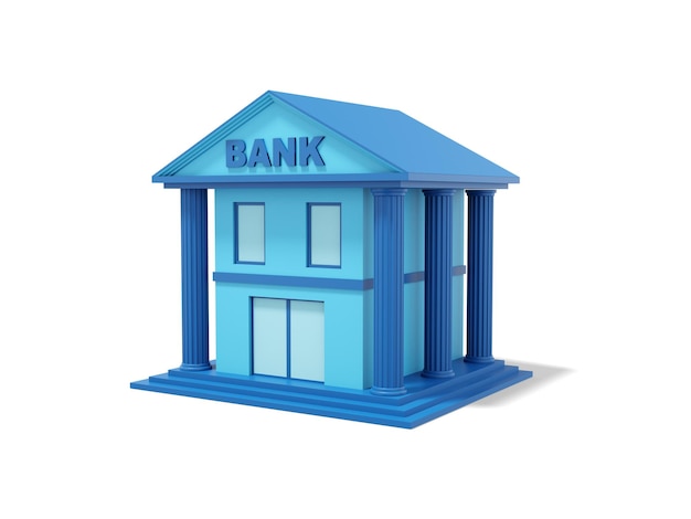 Blue bank building with columns on a white background isometric view 3d rendering