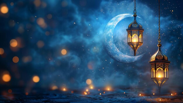 Blue banner with moon and lanterns for Ramadan Kareem cards Islamic Greeting Cards for Muslim Holidays