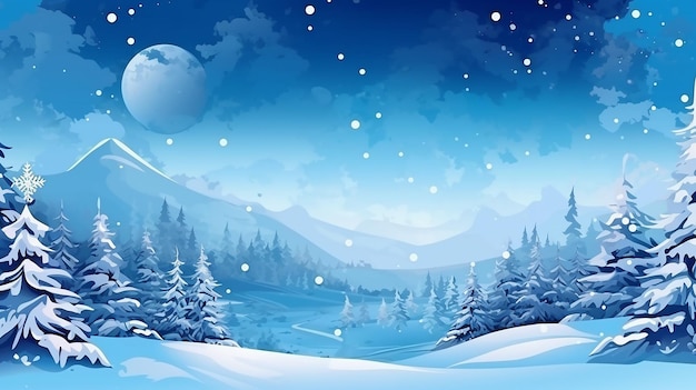 Blue banner with winter landscape and snow for seasonal Generative AI