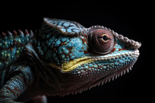 Blue bar panther chameleon macro of head isolated against a black background AI generated