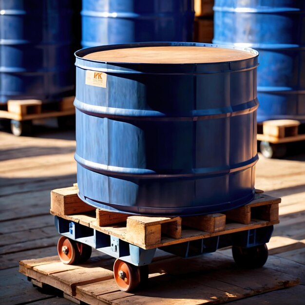 写真 倉庫の液体化学品の保管用の青いバレルドラム