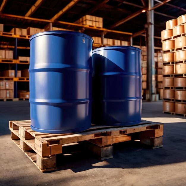 Foto tamburi blu per lo stoccaggio di sostanze chimiche liquide nell'inventario del magazzino