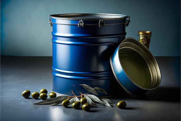 Blue barrel filled with olives next to a bottle of olive oil
