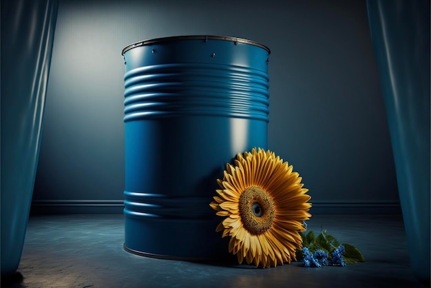 Blue barrel with a sunflower next to it