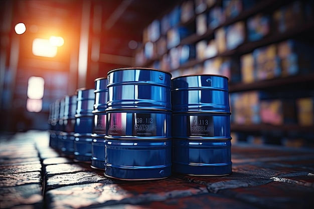 blue barrels are lined up on a sidewalk.