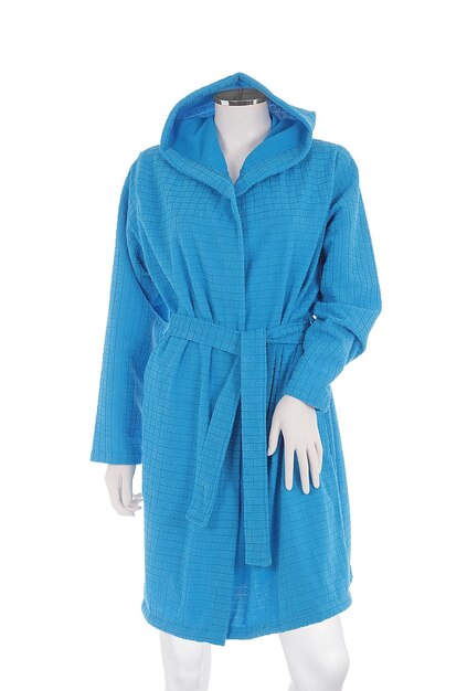 The blue bath robe has a hood and has a hood.