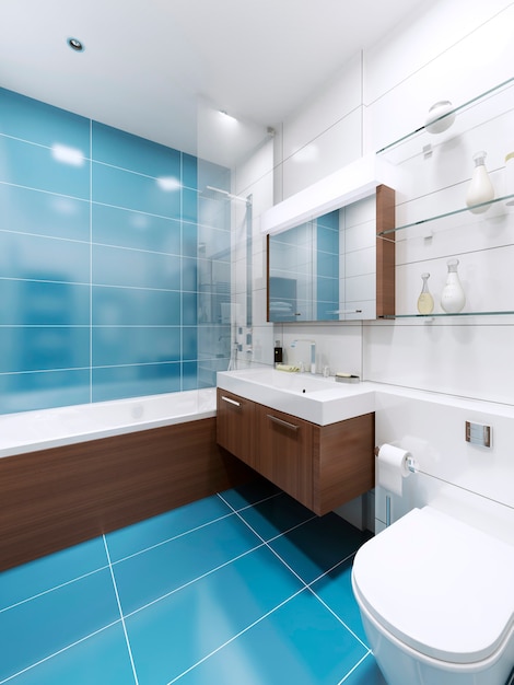 Blue bathroom interior in private house