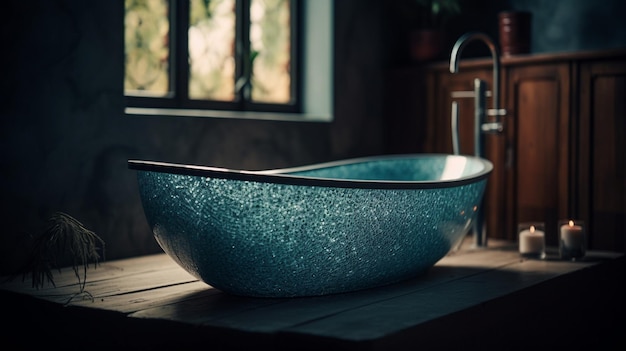 A blue bathtub in a dark room with a window in the background.