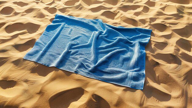 Foto asciugamano da spiaggia blu con spazio di copia sulla sabbia morbido, caldo e invitante perfetto per una giornata in spiaggia o in piscina