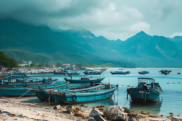 Blue Beach with Docked Boats Near Mountains