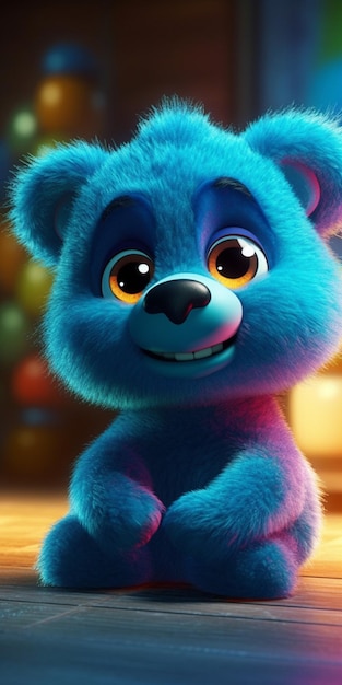 A blue bear cartoon character with a smile on his face