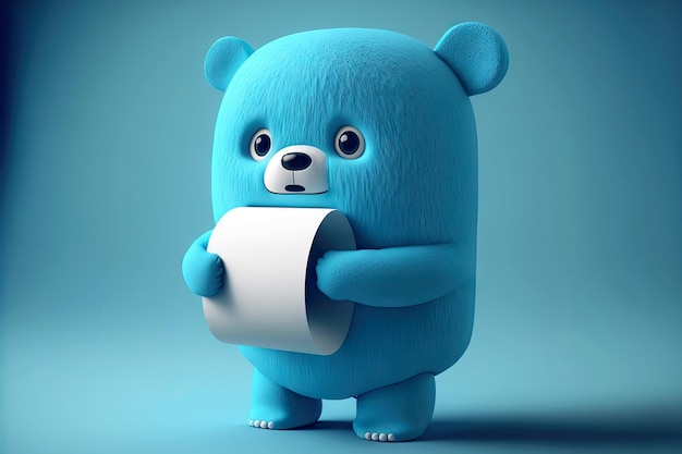 Blue bear holding piece of toilet paper cute cartoon character