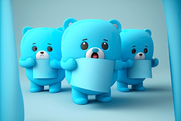파란색 롤 화장지를 들고 파란색 손으로 파란색 곰 귀여운 만화 캐릭터