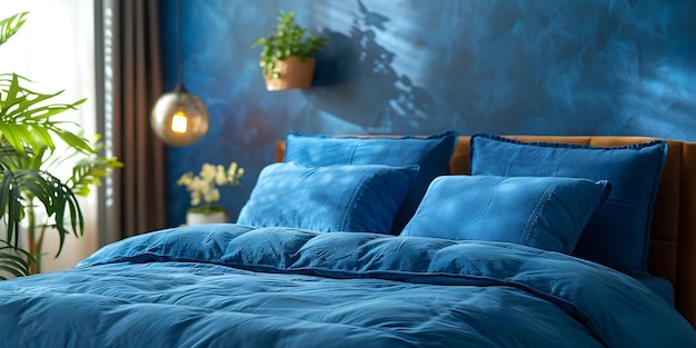 Photo blue bedding in contemporary bedroom creating a cozy atmosphere concept bedroom decor cozy atmosphere blue bedding contemporary style