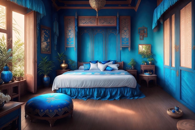 Blue bedroom with a blue bed and a lamp on the wall.