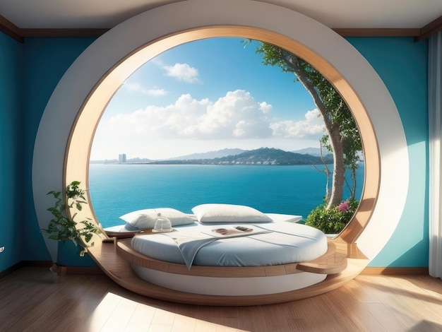 A blue bedroom with ocean view