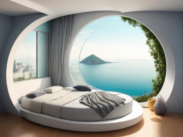 A blue bedroom with ocean view