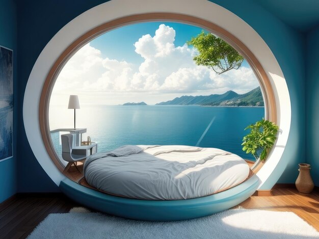 A blue bedroom with ocean view