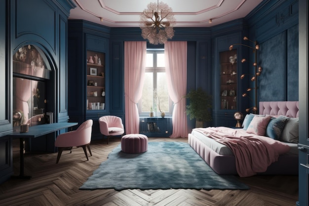 A blue bedroom with a pink bed and a desk with a lamp on it.