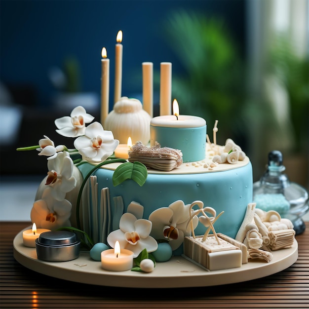 a blue and beige birthday cake