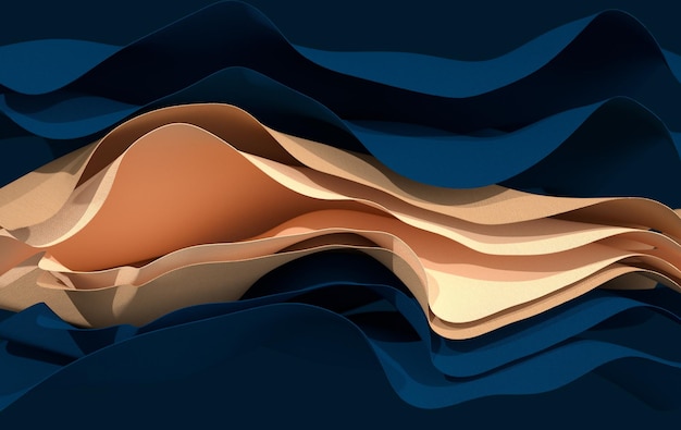 Blue and beige paper or cotton fabric 3d rendering background with waves and curves