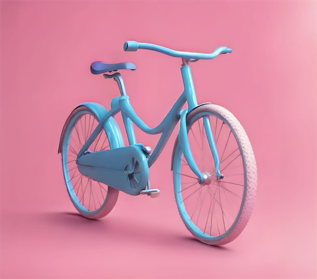 a blue bicycle with a blue seat and the front wheel is painted on a pink background