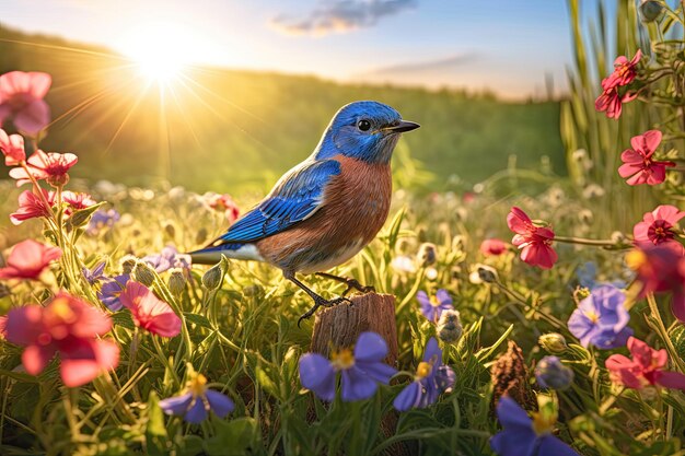 Blue bird in a daylight in beautiful meadow