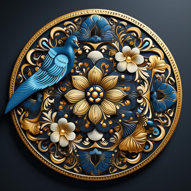 A blue bird is on a blue and gold plate