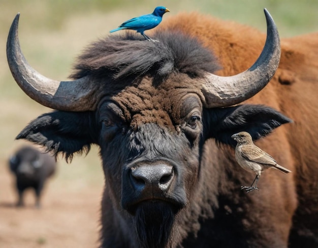 a blue bird is on the head of a bison