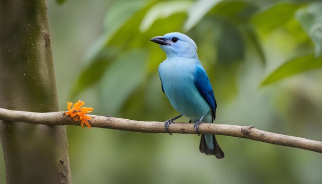 Photo a blue bird is perched on a branch with a flower in the background