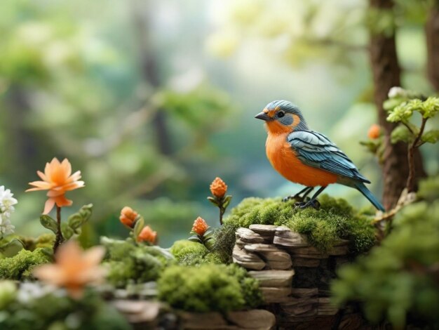 Photo a blue bird is perched on a mossy branch